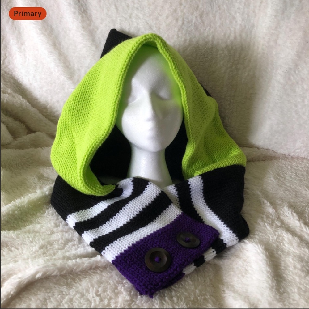 Handmade Beetlejuice knit hooded scarf